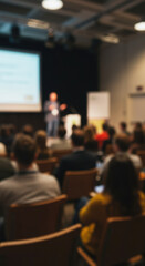 Conference Presentation: Captivating Audience, Speaker on Stage, & Engaged Attendees. Blurred Backdrop of Business & Knowledge Sharing!