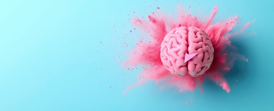 Brain Exploding with Pink Powder Against Blue Background for Creative Concepts