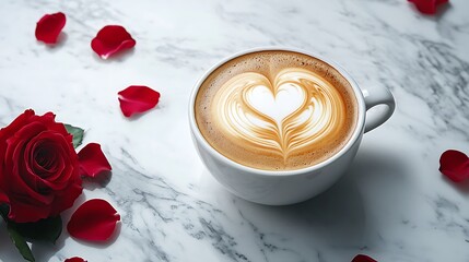heart latte art in cozy coffee cup on marble with rose petals and red flowers portraying romantic valentine mood passion and couple connection