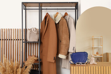 Interior of hallway with mirror and coat rack