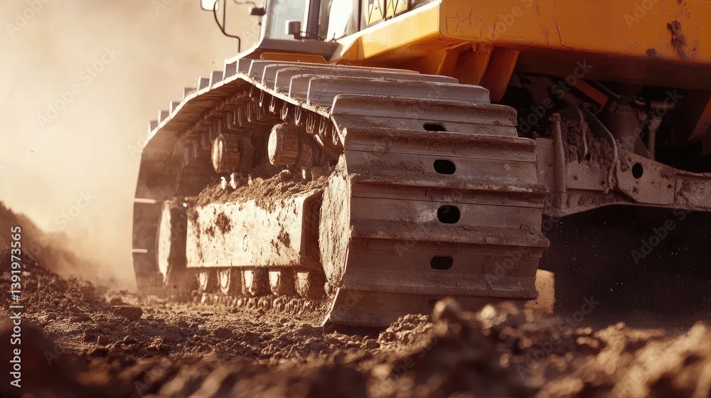 Poster close-up view of a bulldozer's tracks in motion as it moves earth on a construction site, showcasing