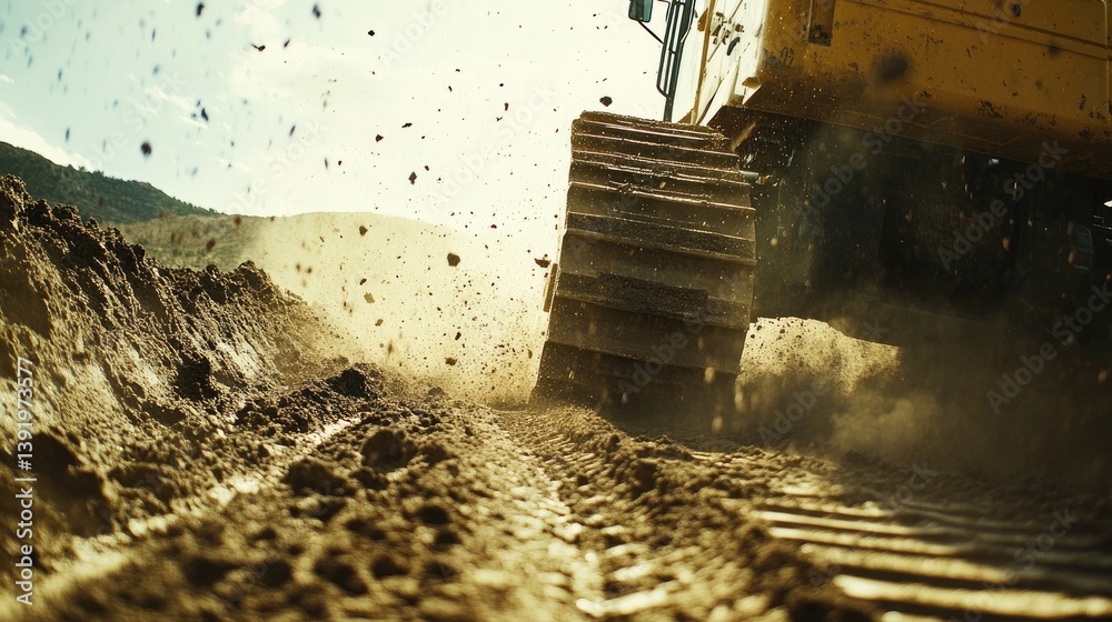 Poster close-up view of a bulldozer's tracks in motion as it moves earth on a construction site, showcasing