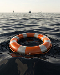 Bright Orange Lifebuoy Floating in Calm Ocean Waters at Sunset, Outdoor Safety Equipment
