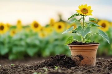 A blooming sunflower in a pot stands in a field outdoors