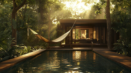 serene jungle resort villa with hammock and pool