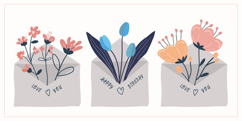 Set of envelopes overflowing with vibrant, pinc, blue,flowers, each accompanied by heartfelt messages of love and celebration, perfect for Postcards and illustrations on special occasions.