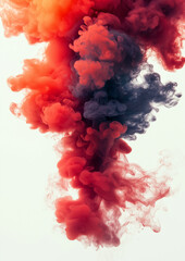 Fototapeta premium High-definition photography of red ink smoke swirling and suspended in the air against a clean white background, creating an abstract and artistic visual effect perfect for creative designs