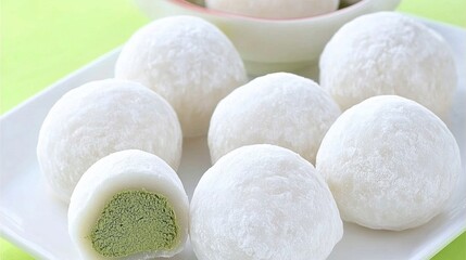 Closeup of Several White Mochi with Green Tea Filling on a White Plate