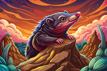 Mole portrait on an alien rock formation desert under a strange colored sky, animal banner