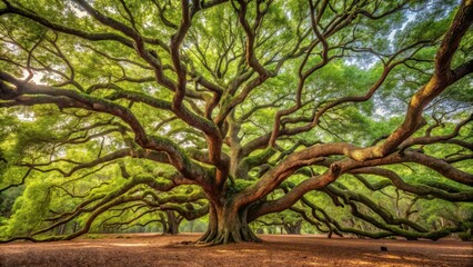 A majestic panorama of dense intricate branches from a centuries-old Angel Oak Tree with gnarled trunks and sprawling foliage