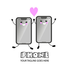 Dating website or social media romantic relationship concept - two phones with smiley faces, holding hands, heart is like a symbol of love. Vector illustration.