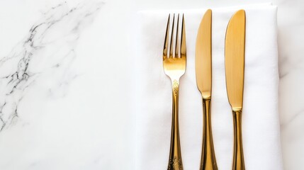 Gold cutlery on white napkin on marble background. Table setting