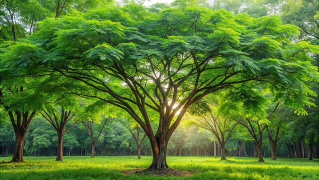 Moringa tree with large leaves in a lush green forest, forest, plant life,  forest, plant life, moringa tree, botanical