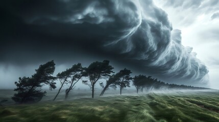 Supercell storm cloud approaching row of pine trees in grassy field