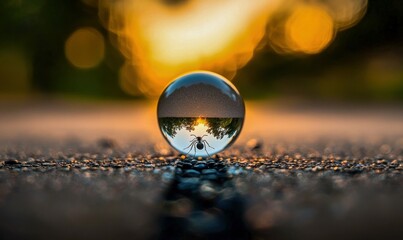 A captivating close-up reveals an ant reflected within a glass sphere during a vibrant sunset.