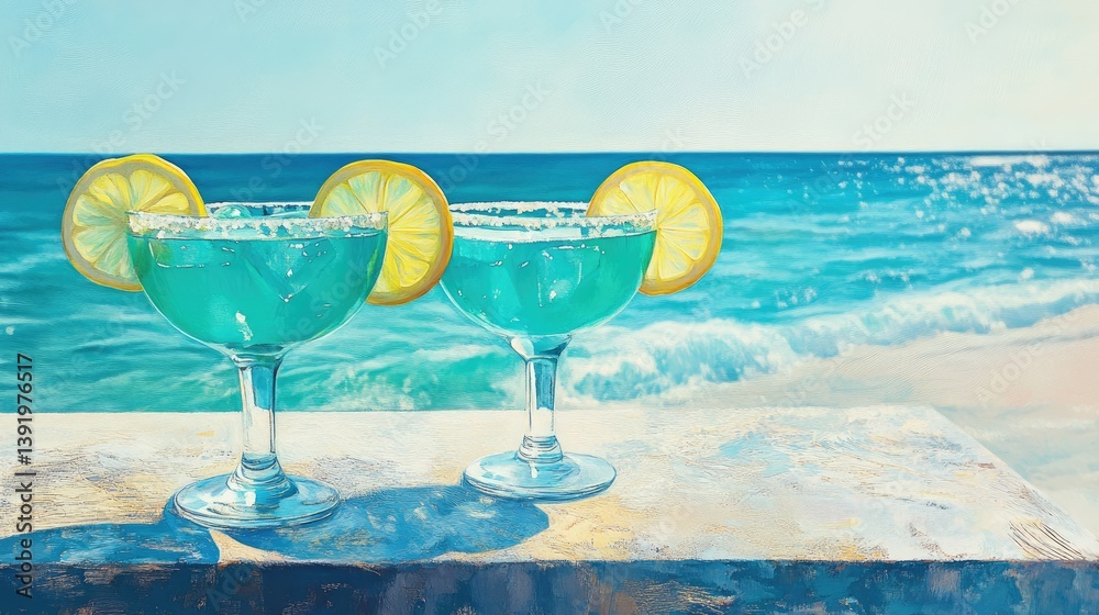 Aufkleber refreshing turquoise cocktails adorned with lemon slices, resting on a textured table by the seaside