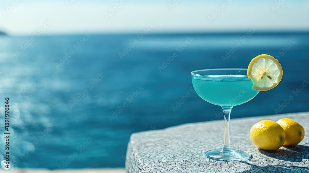 Poster Refreshing turquoise cocktails adorned with lemon slices, resting on a textured table by the seaside, ideal for a chic and refreshing summer experience.