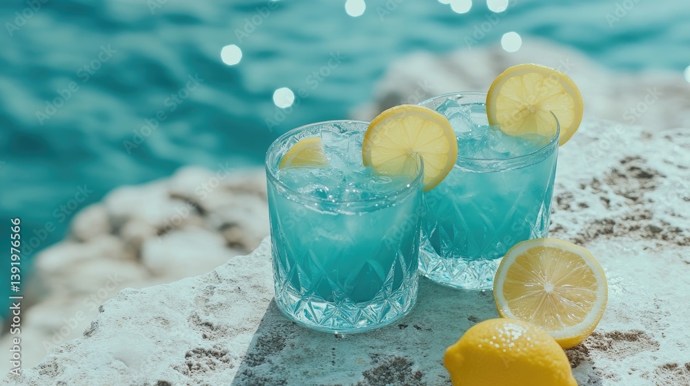 Poster Refreshing turquoise cocktails adorned with lemon slices, resting on a textured table by the seaside, ideal for a chic and refreshing summer experience.