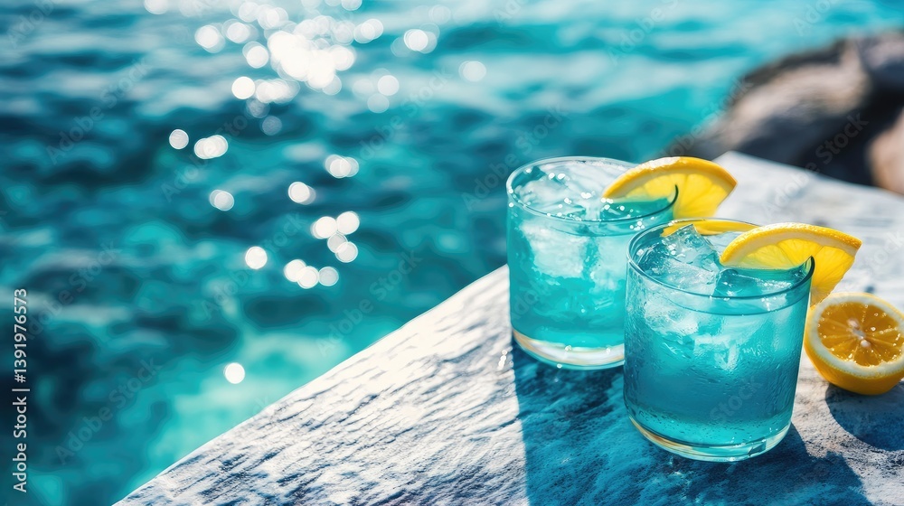 Aufkleber Refreshing turquoise cocktails with lemon slices placed on a textured table by the seaside, capturing the essence of a stylish and relaxing summer experience.