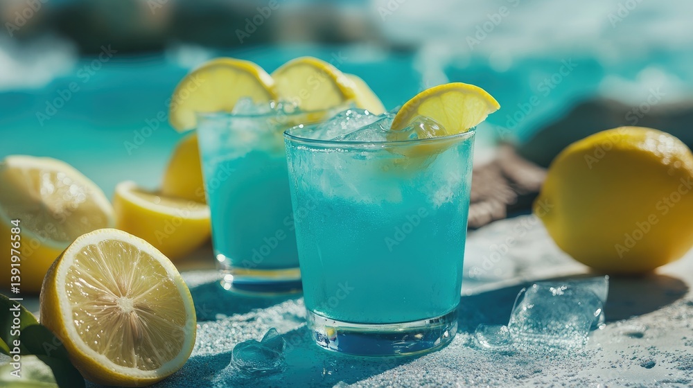 Poster Refreshing turquoise cocktails with lemon slices placed on a textured table by the seaside, capturing the essence of a stylish and relaxing summer experience.