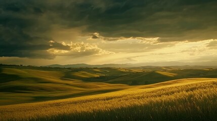 Obraz premium Dramatic sky over rolling hills in the countryside during golden hour
