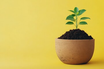 A small potted plant with green leaves on a bright background