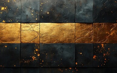 Naklejka premium Abstract Squares Textured Black and Gold Metallic Design, Modern Art, Geometric Forms