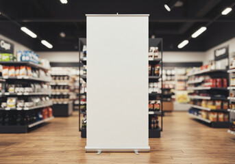 Roll- Up banner mockup. Blank Roll-Up Banner in a Grocery Store Setting. A modern, blank roll-up banner stands in a brightly lit grocery store aisle.