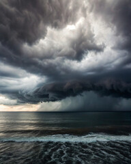 Obraz premium Dramatic Storm Clouds Over Ocean with Dark Waves and Foreboding Sky Scene