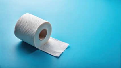 Obraz premium A single roll of toilet paper unrolled on a blue background , mundane scene, hygiene