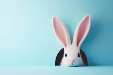 Obraz premium Delightful bunny ears emerge from bright openings in a multicolored wall, illustrating a playful Easter concept that brings a cheerful and festive atmosphere.