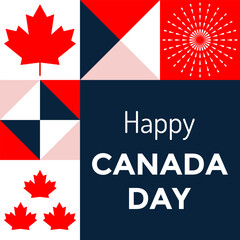 Happy Canada Day Vector Template Poster. Modern abstract design mosaic banner with geometric shapes for independence Canada day. Canada Day banner with fireworks, maple leaf. Vector Illustration