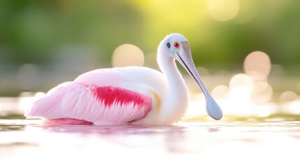 Pink bird, serene in water