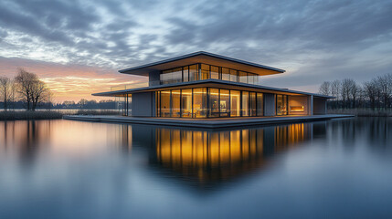 Fototapeta premium Modern lakeside villa with sleek design and glass walls at sunset