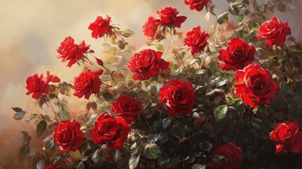 Fototapeta premium Vibrant red roses in full bloom bask in soft sunlight, creating a romantic and elegant floral display that exudes beauty and charm.