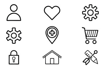 Modern UI and Business Icon Set – Minimal Black Line Icons for Apps, Web Interfaces, E-Commerce, Finance, Tech & Healthcare Dashboards.