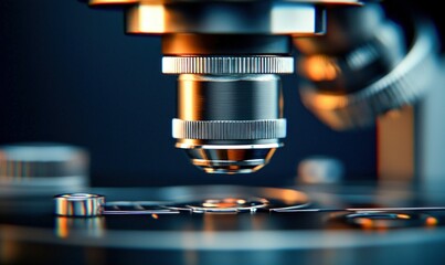 A focused view of a modern microscope lens, highlighting its sophisticated design and precision engineering in a laboratory setting.