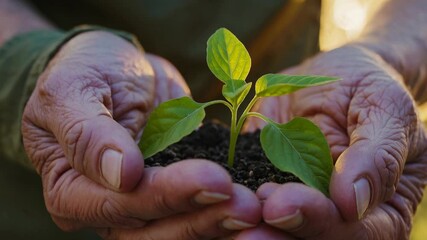 Close-up video shot of elderly hands gently holding a small plant with soil, symbolizing growth and care, captured from a low angle.