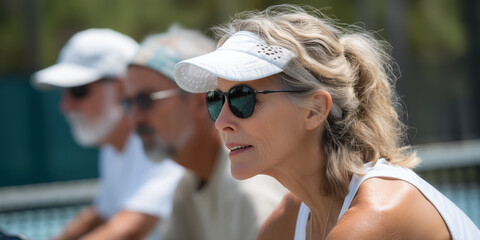 woman wearing sunglasses and visor enjoys sunny day while playing pickleball with friends