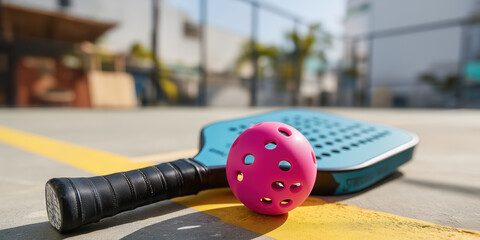 close up of pink perforated ball and blue paddle on sunny outdoor court