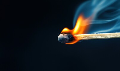 A macro shot of a burning matchstick, capturing the vibrant flame and wisps of smoke against a dark backdrop.