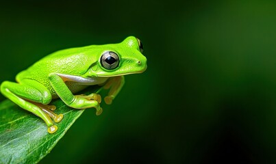 Naklejka premium A bright green tree frog rests elegantly on a leaf, its vibrant color standing out against the backdrop.