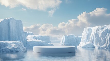 Empty white podium on icebergs in a winter scene; product display