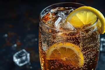 A chilled glass of lemon-lime soda, fizzy bubbles rising, ice cubes floating, citrus slice garnish.