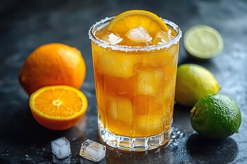 A chilled glass of homemade electrolyte drink with a citrus blend, ice cubes floating, and a pinch of sea salt on the rim.