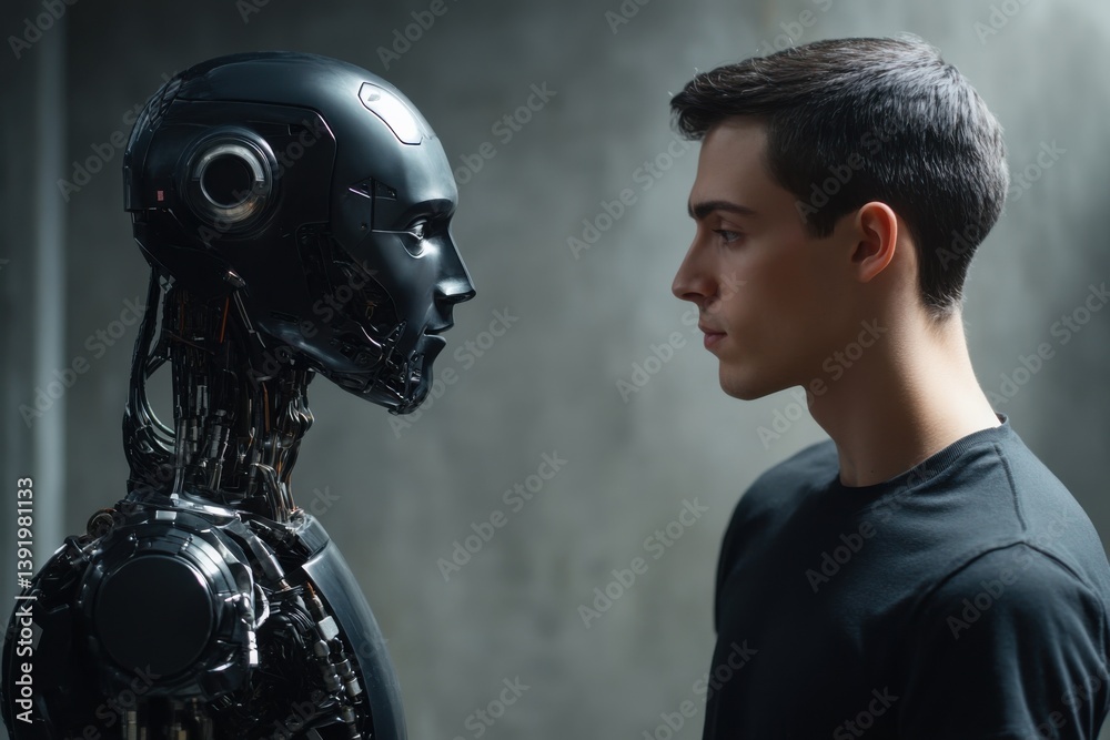 Poster a cinematic photograph of an ai robot and a human looking at each other. the man is wearing a black 