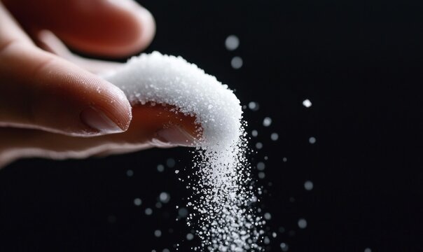 A hand delicately sprinkles granulated sugar, creating a mesmerizing cascade of sweetness on black.