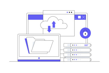 Web hosting concept. Online database, server, web data center, cloud computing, technology, computer, security. Flat Cartoon Vector Illustration, icon. Stylish abstract design