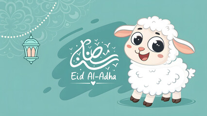 Fototapeta premium Cute cartoon vector illustration of a happy sheep on a farm Eid al-Adha