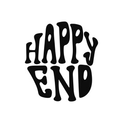 Retro groovy typography design featuring bold happy end phrase in black on white